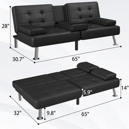 Modern Folding Convertible Recliner Futon Sofa Bed Set for Living Room with 2Cup Holders and Removable Armrests