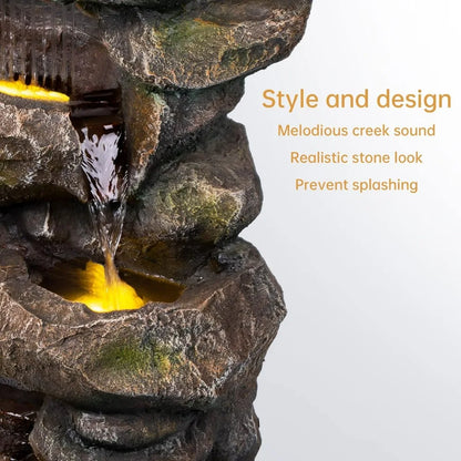 5 Tier 31.5"H Rustic Rock Freestanding Outdoor Floor Waterfall Fountain with Cascading Streams & LED Lights