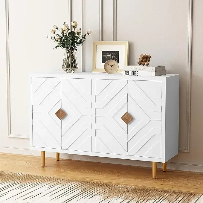 48" Accent Cabinet with 4 Doors and Shelves, Modern Sideboard Buffet Cabinet with Decorative Embossed Pattern Doors