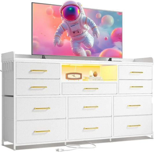 60" Long Dresser TV Stand with 11 Drawers, LED Lights, Charging Station for Bedroom