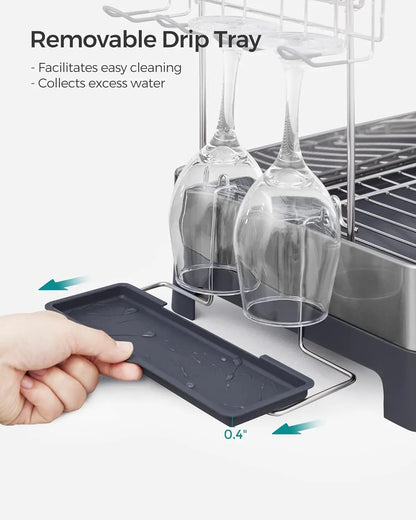 2 Tier Dish Drying Rack for Kitchen Counter with Rotatable and Extendable Drain Spout, and Utensil Cup