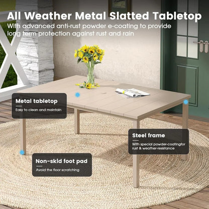 7 Pieces Outdoor Metal Frame Patio Dining Set, with 6 Cream Stackable Metal Chairs and 63" Sand shell Rectangle Dining Table