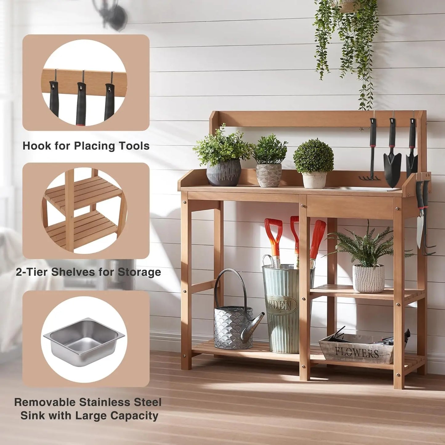 All Weather Poly Lumber Garden Work Bench with Removable Stainless Steel Sink and Open Shelves,