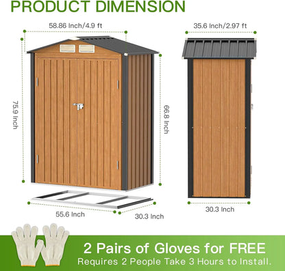 Vertical 5x3 Ft  Outdoors Metal Tiny Steel Shed with Frame , Floor & Lockable Doors for Garden