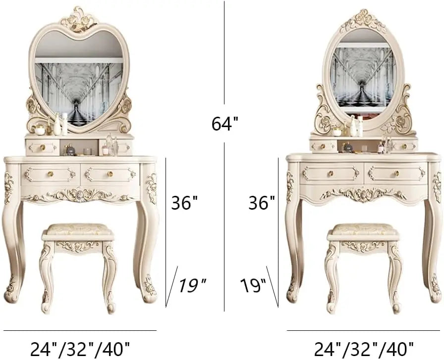 Wood Vintage Vanity Desk Makeup Desk with Mirror and Stool for the Bedroom