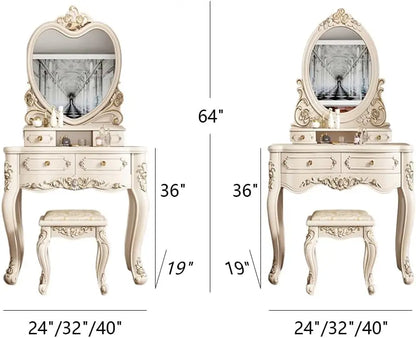 Wood Vintage Vanity Desk Makeup Desk with Mirror and Stool for the Bedroom
