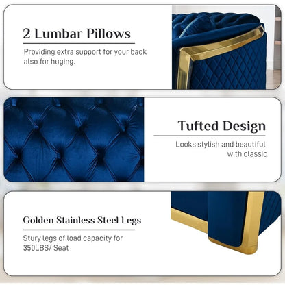 81" 3 Seater Modern Mid Century Velvet Chesterfield Blue and Gold Luxury Curved Loveseat and Sofa Couch for Living Room