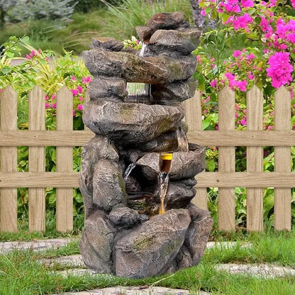 5 Tier 31.5"H Rustic Rock Freestanding Outdoor Floor Waterfall Fountain with Cascading Streams & LED Lights