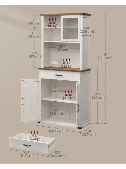 71" Farmhouse Storage Pantry Cabinet With Lights And Charging Station With Doors And Drawer