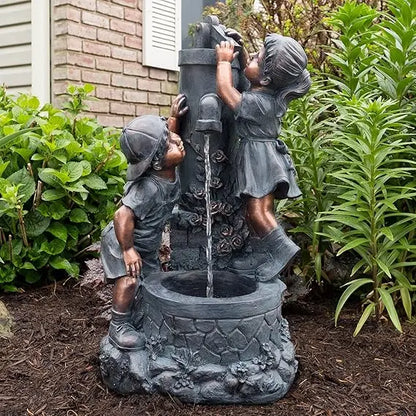 Go Yard Boy and Girl Resin Faucet Water Fountain