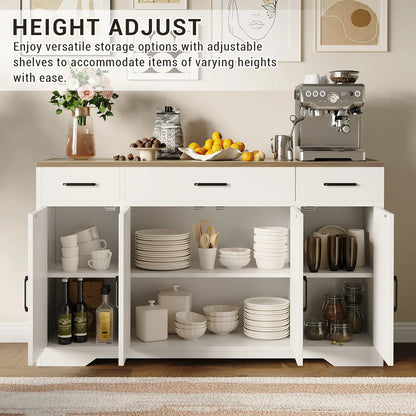55" Large Sideboard Buffet Storage Cabinet with 3 Drawers and 4 Doors, Wood