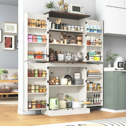 71" Tall Farmhouse Rustic Wood Kitchen Pantry Cabinet with Adjustable Shelves & 4 Barn Doors & Drawers