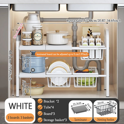 1 Set Multi-Use Under Sink Kitchen/Bathroom Sink Organizers with Expandable Storage Rack and Removable Baskets