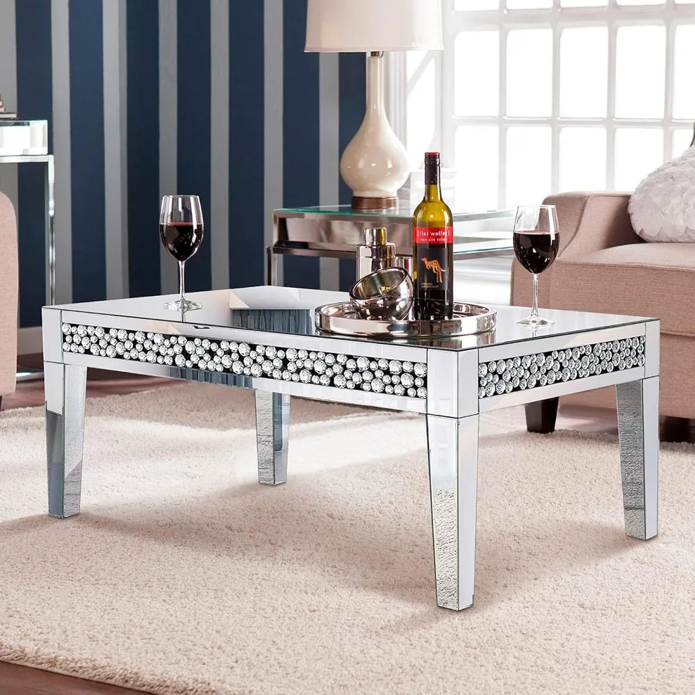 Mirrored Coffee Table, Silver Living Room Table with Cryatal Diamond Inlay, Modern Luxury Mirrored Furniture Tea Table