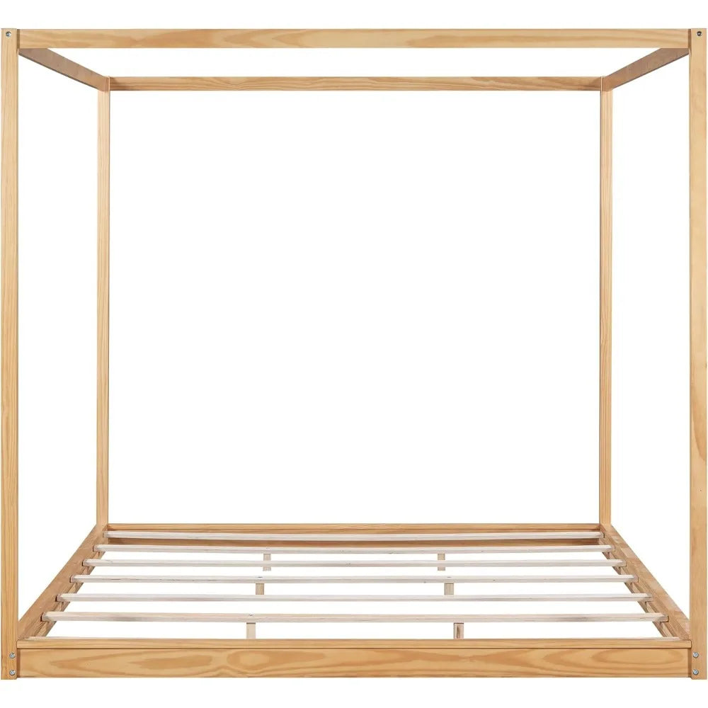 King Size Low Canopy Bed Frame with Support Legs, Solid Wood and Wooden Slats