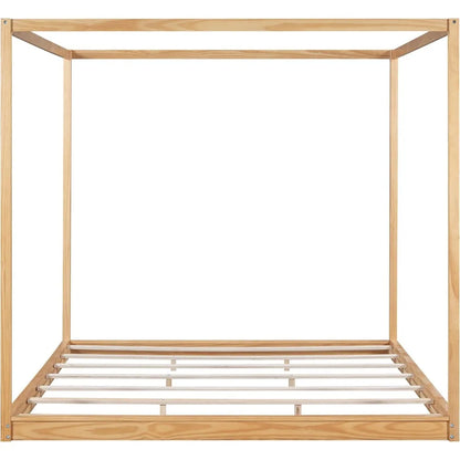 King Size Low Canopy Bed Frame with Support Legs, Solid Wood and Wooden Slats