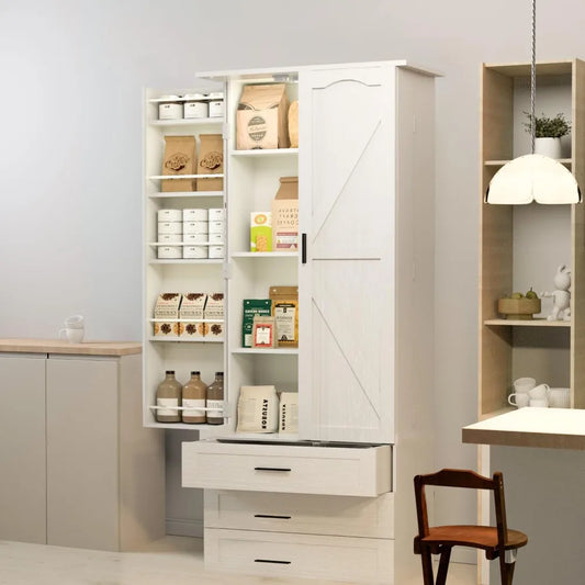 72" LED Farmhouse Tall Storage 3 Drawers Wood Food Pantry with Barn Doors