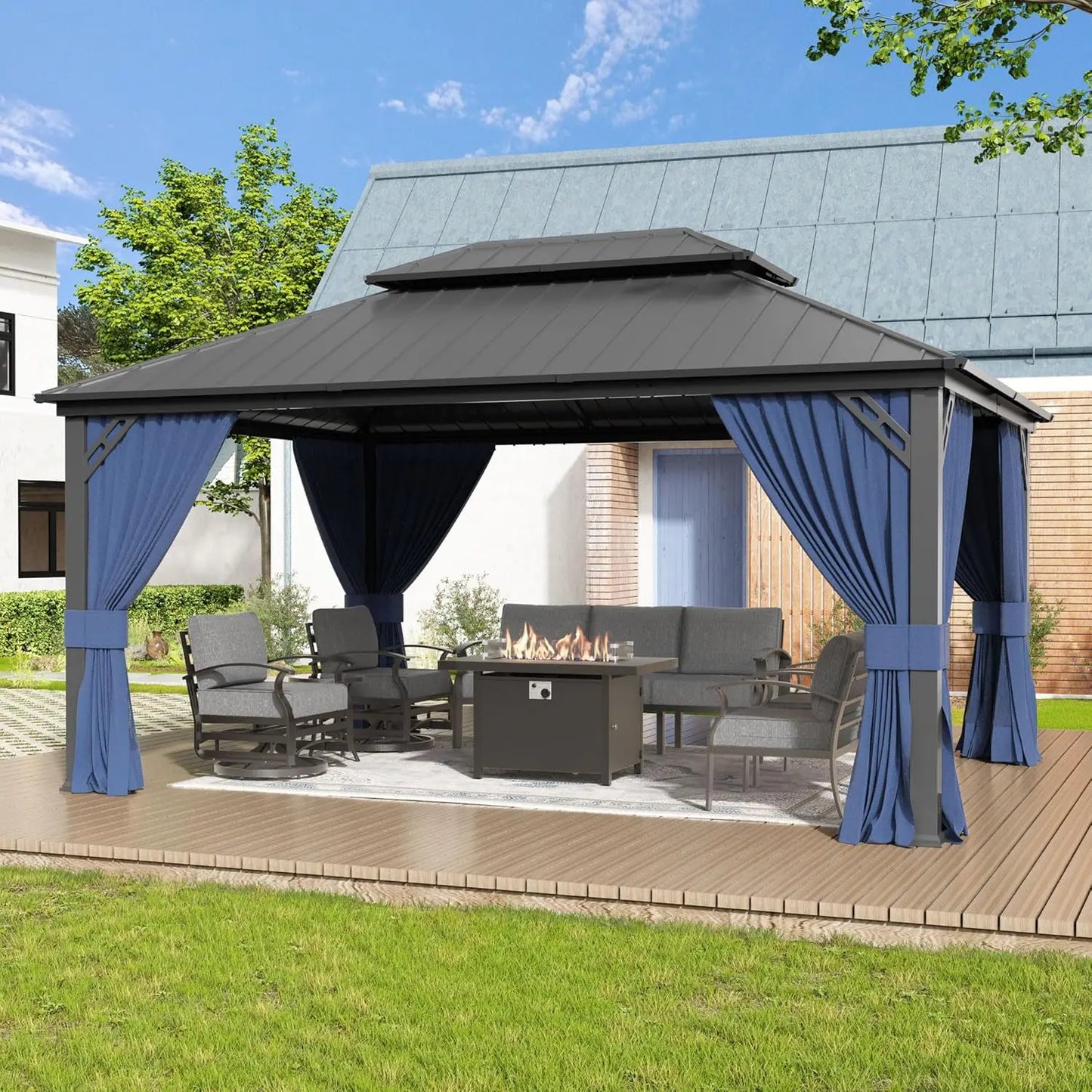 12'x16' Hardtop Galvanized Steel Metal Double Roof Gazebo with Curtains and Netting for Patios, Gardens, Navy and Blue