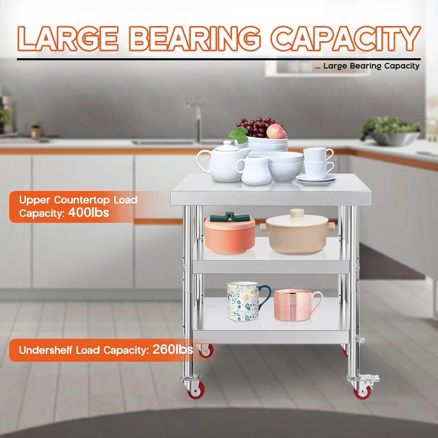 22x36in Stainless Steel Prep Table with NSF Certified Metal Surface , Adjustable Undershelf, Includes Casters& Hooks