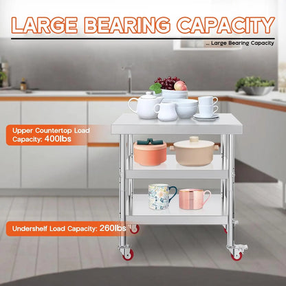 22x36in Stainless Steel Prep Table with NSF Certified Metal Surface , Adjustable Undershelf, Includes Casters& Hooks
