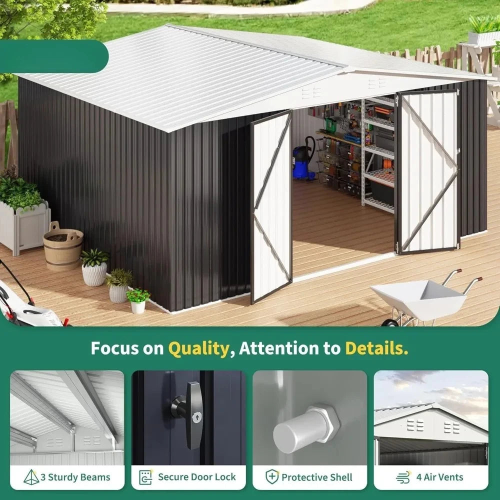 12x14 FT Garden Storage Shed with Updated Frame Structure and Lockable Doors.