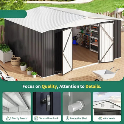 12x14 FT Garden Storage Shed with Updated Frame Structure and Lockable Doors.