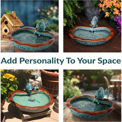 7-Inch Outdoor Glazed Ceramic Fish Garden Fountain Tabletop for Patio, Deck, Garden - Aqua and Brown