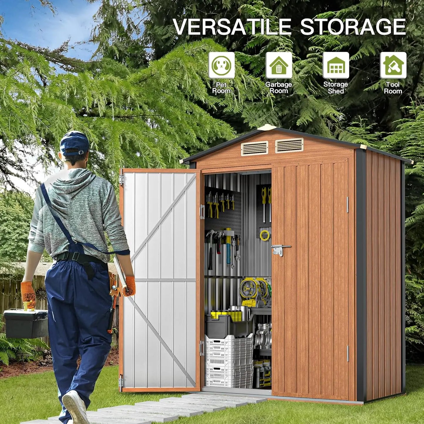 Vertical 5x3 Ft  Outdoors Metal Tiny Steel Shed with Frame , Floor & Lockable Doors for Garden