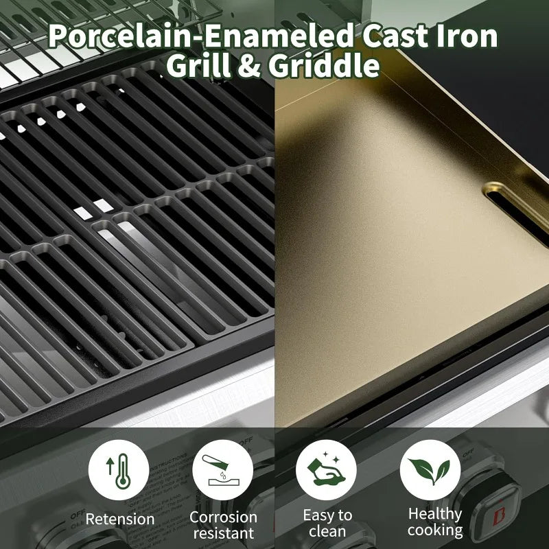 Combo 6-Burner, 2 in 1 Combo 6 Burner Versatile Propane Gas Grill and Griddle with Double Stainless Steel Lids,  Cookouts and BBQ