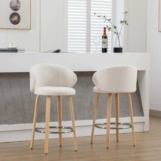 26 Inch Set of 4 Counter Height Sherpa Barstools Wooden Legs with Barrel Backrest for Kitchen, Island or Dining Room, White