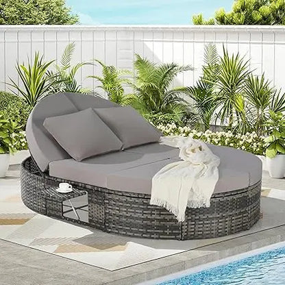 Outdoor Round Patio Daybed, Rattan Sun Bed with Adjustable Backrests and Foldable Cup Trays, Reclining Outdoor Lounger with Cus