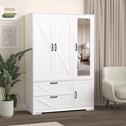 White3-Doors Farmhouse Armoire w/Mirror Door & LED Lights, Drawers & Adjustable Shelves - Wooden Wardrobe for Bedroom