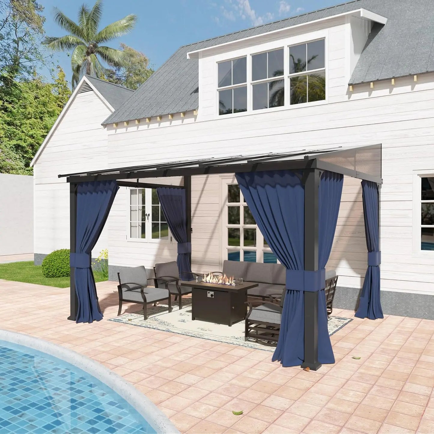 12'x16' Hardtop Galvanized Steel Metal Double Roof Gazebo with Curtains and Netting for Patios, Gardens, Navy and Blue