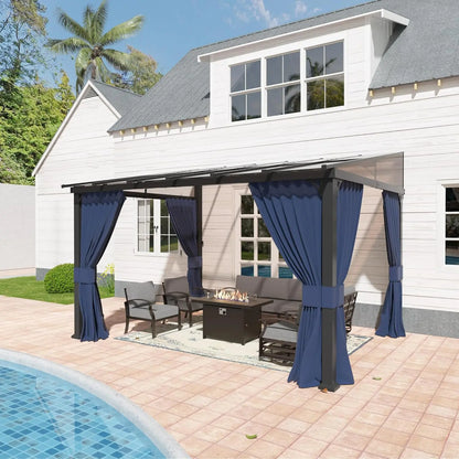 12'x16' Hardtop Galvanized Steel Metal Double Roof Gazebo with Curtains and Netting for Patios, Gardens, Navy and Blue