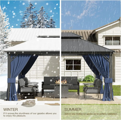 12'x16' Hardtop Galvanized Steel Metal Double Roof Gazebo with Curtains and Netting for Patios, Gardens, Navy and Blue