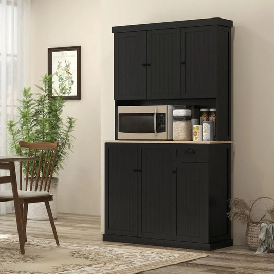 71" Modern Farmhouse Buffet Kitchen Pantry Storage Cabinet with Microwave Oven Countertop, Drawers and Hutch