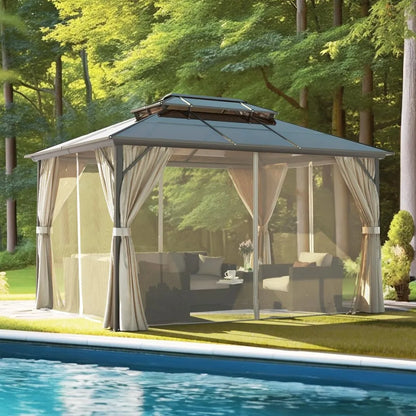 Hardtop Double Roof Canopy Gazebo with Polycarbonate Permanent Frame Pavilion with Curtains and Netting.
