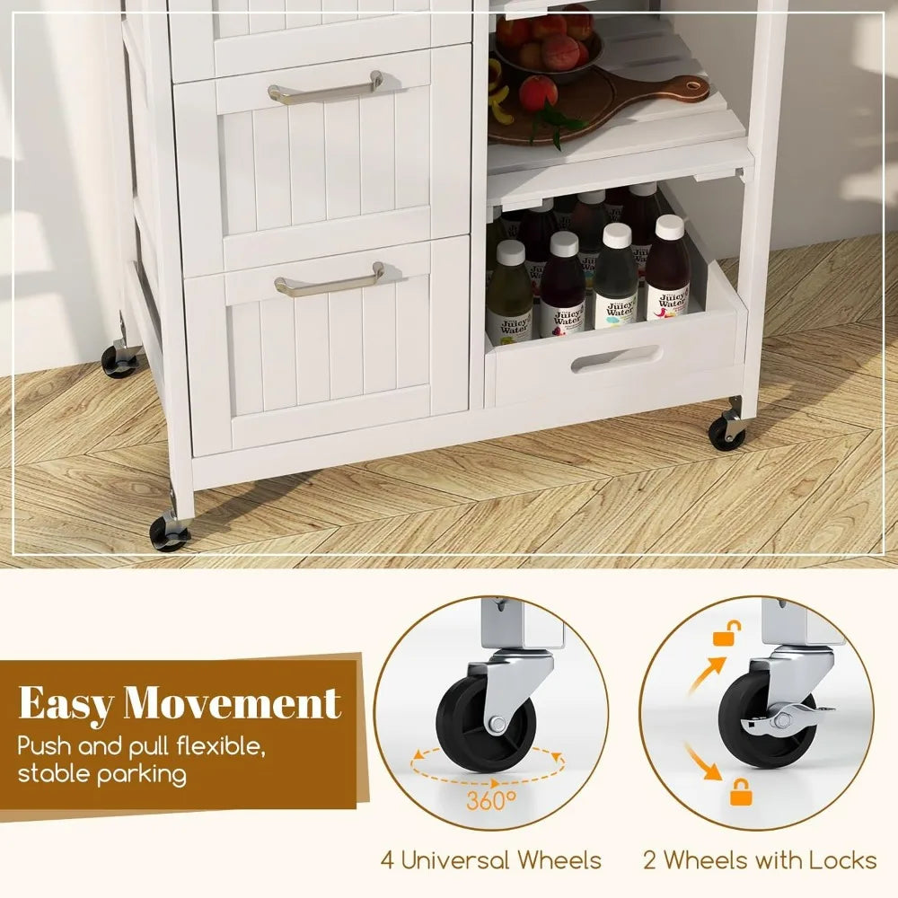 Kitchen Island Utility Lockable Cart on Wheels w/Storage, Rubber Wood Top, 2 Removable Shelves & Removable Tray, 3 Drawers