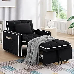 3 in 1 Modern Velvet Pull Out Convertible Small Tufted Single Sleeper Chair Bed,  with Adjustable Backrest.