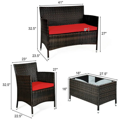 8PCS Weather and Sun Proof Rattan Patio Conversation Set w/ Red Cushion