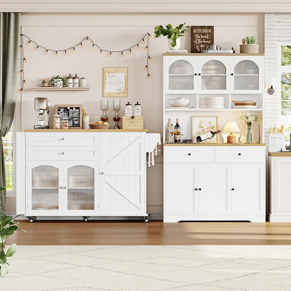 Rolling Kitchen Island on Wheels with Storage, Wood Drop Leaf Countertop and Spice Rack