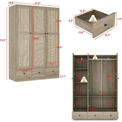 3-Door Rattan Wardrobe Armoire Closet with 3 Rattan Doors, 3 Drawers, Hanging Bar & 6 Shelves, Light Br