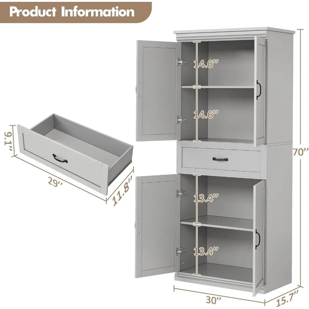 Modern 70" Tall Freestanding Kitchen Pantry Cabinet with 2 Doors and 3 Adjustable Shelves
