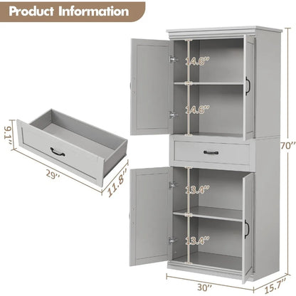 Modern 70" Tall Freestanding Kitchen Pantry Cabinet with 2 Doors and 3 Adjustable Shelves