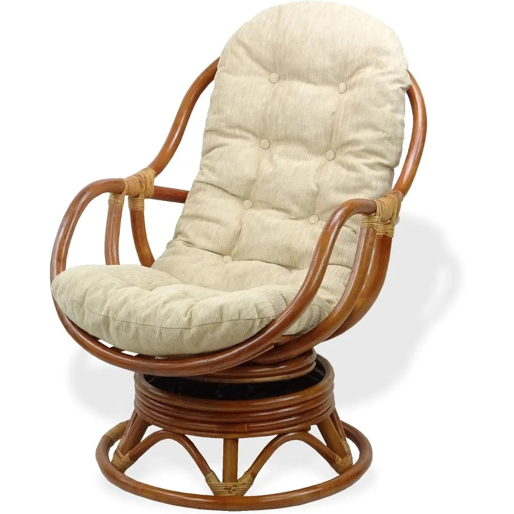 Set of 2Natural Rattan Wicker Handmade Bali Lounge Swivel Rocking Chairs with Cream Cushion and Pelangi Round Coffee Table