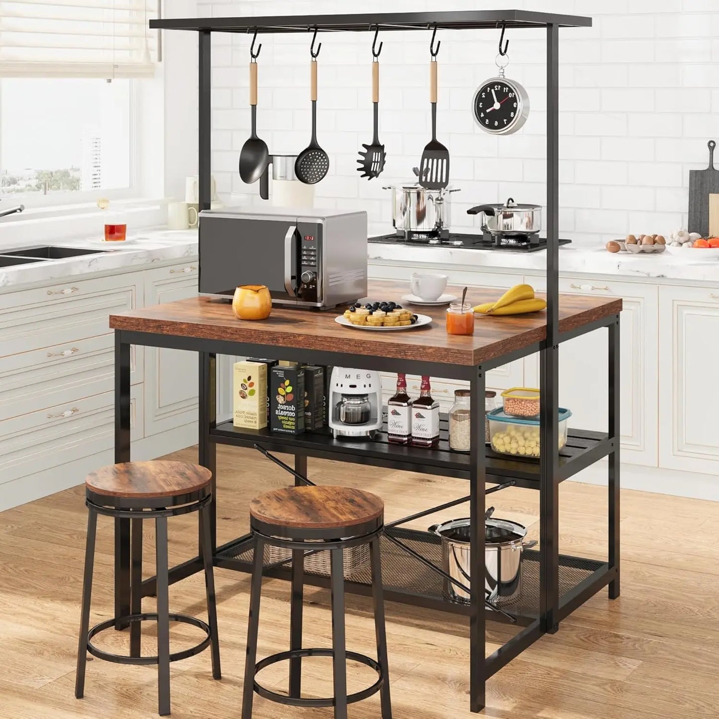 42" Kitchen Island 3 Tier Bakers Rack Storage & Seating with Microwave Stand, Dining Table for 4, 5 Hooks & 50lb Capacity