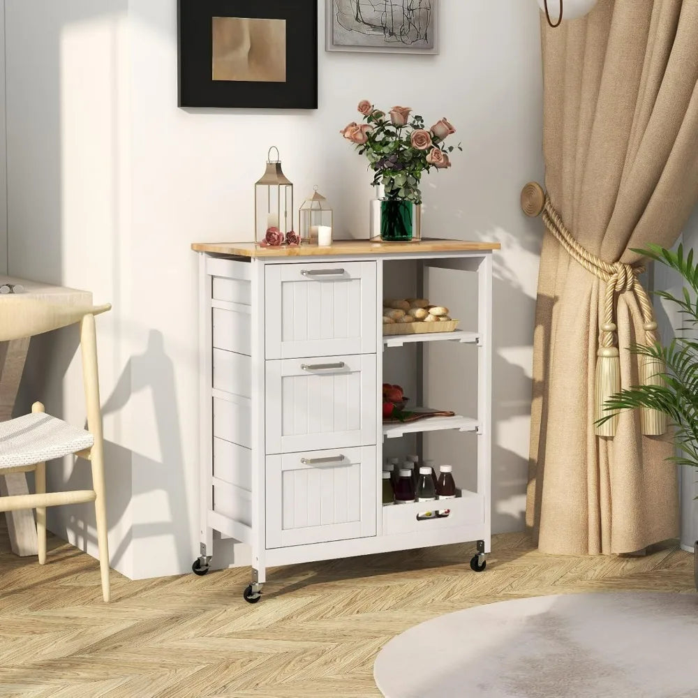 Kitchen Island Utility Lockable Cart on Wheels w/Storage, Rubber Wood Top, 2 Removable Shelves & Removable Tray, 3 Drawers