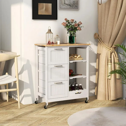 Kitchen Island Utility Lockable Cart on Wheels w/Storage, Rubber Wood Top, 2 Removable Shelves & Removable Tray, 3 Drawers