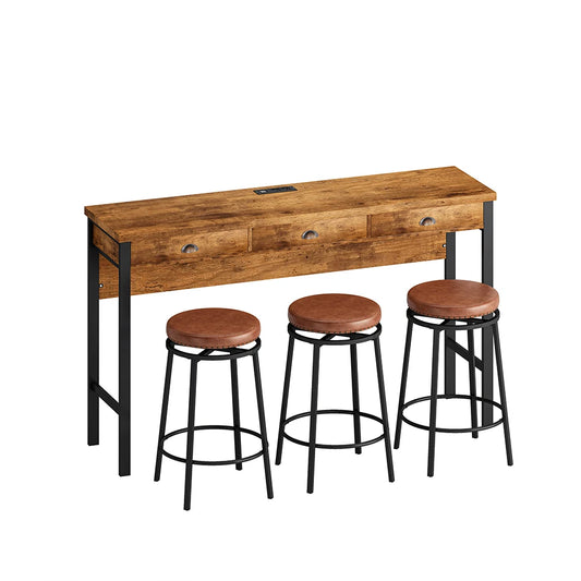 4 Pcs Dining Table Set with 3 Drawers, Power Outlets ,3 PU Stools, Wooden Bar or  Kitchen Table Desk for Dining Room or Restaurant