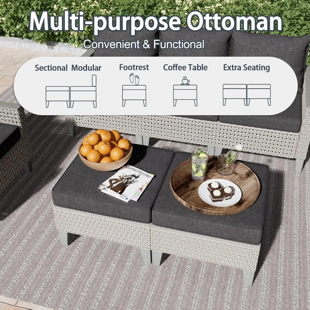 7 Piece Modern Rattan Modular Wicker Outdoor Sectional Sofa with Ottomans and Thick Cushions